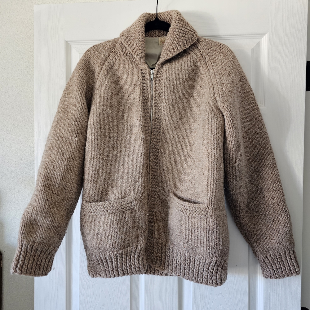 Vintage 1950s 1960s Mens Women's Tan Sweater Chowican Mary Maxim Wool Jacket #88 - Picture 3 of 9